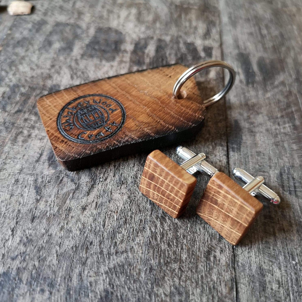 Square Irish Whiskey Barrel Wooden Cufflinks with Keyring from Whiskey Woodcraft